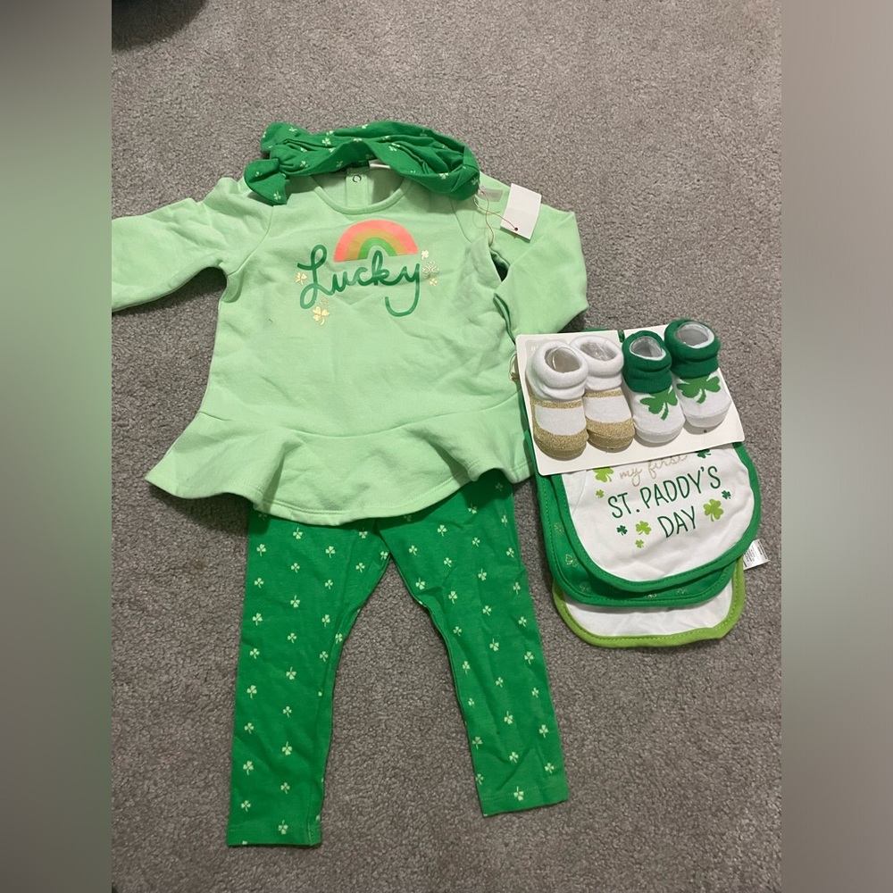 st patricks day outfit and socks bibs set 0-12 months